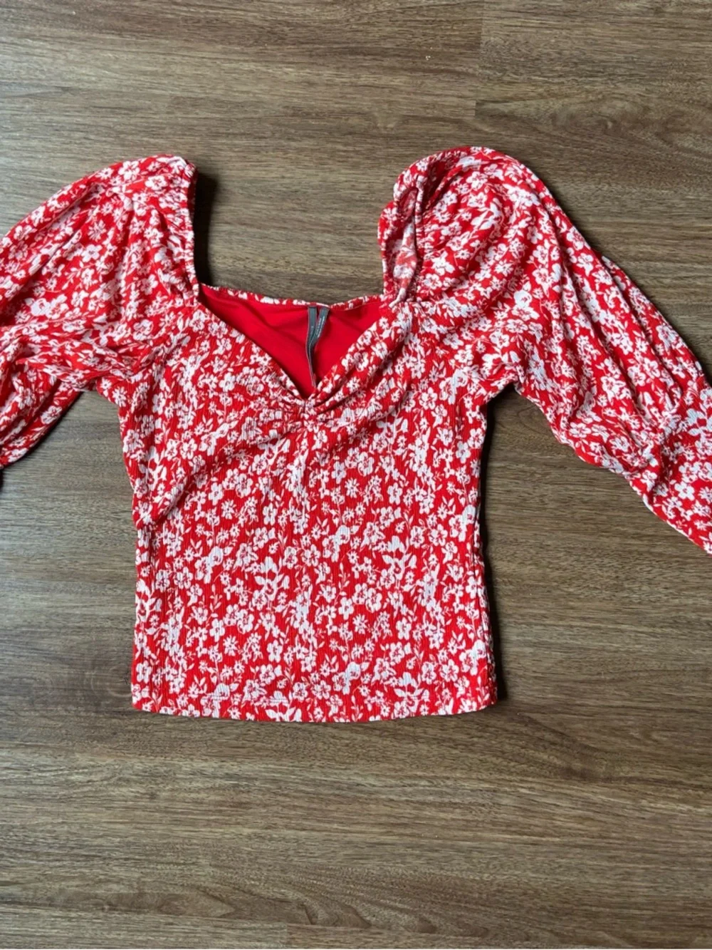 Anthropologie Red and White Floral Puff-Sleeve Blouse - Picture 1 of 4